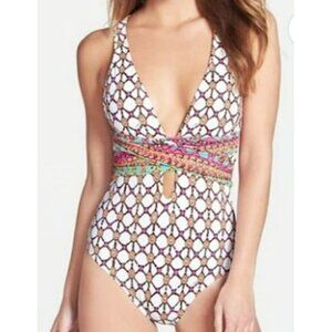 Trina Turk Swimsuit One-Piece Multi-Color Cross-Back Straps Size 6 Womens